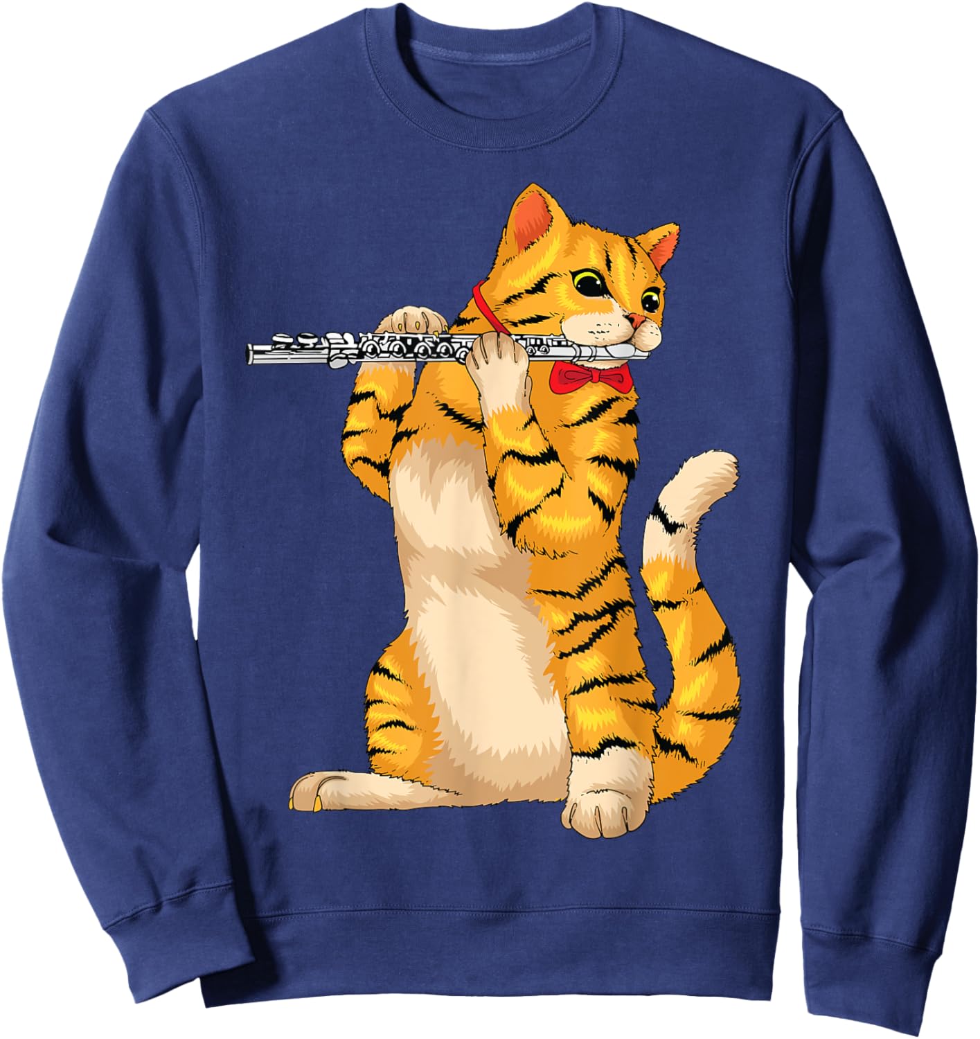 Funny Cat Playing Flute | Cool Animal Musician Fluter Gift Women Girls Kids Sweatshirt - Sweatshirt | Navy