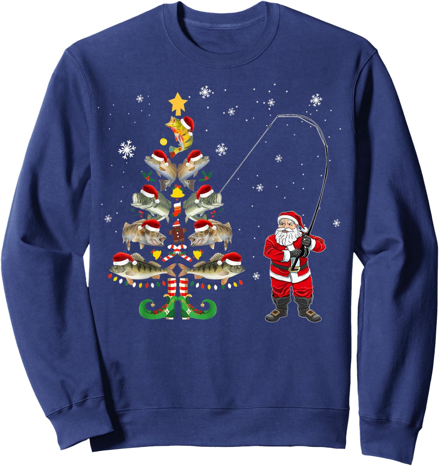 Fishermans Christmas Pajama Gift Tree Lights Merry Fishmas Sweatshirt - Sweatshirt | Navy