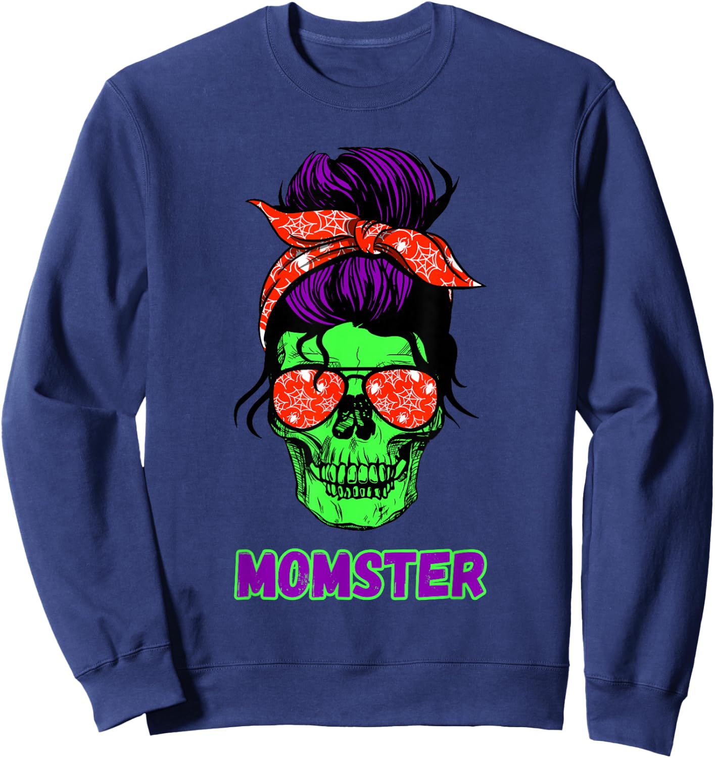 Momster Funny Skull Mama Messy Bun Mom Halloween Costume Sweatshirt - Sweatshirt | Navy