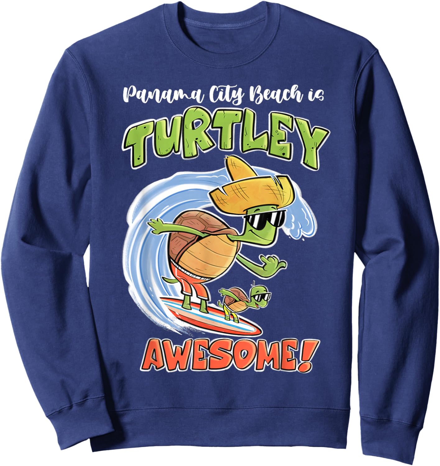 Cute Panama City Beach Kid's shirt Fun Turtle on Surfboard Sweatshirt - Sweatshirt | Navy