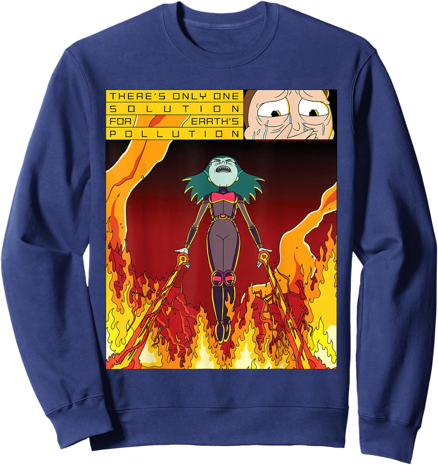 Rick and Morty Planetina's Fiery Solution for Pollution Sweatshirt - Sweatshirt | Navy