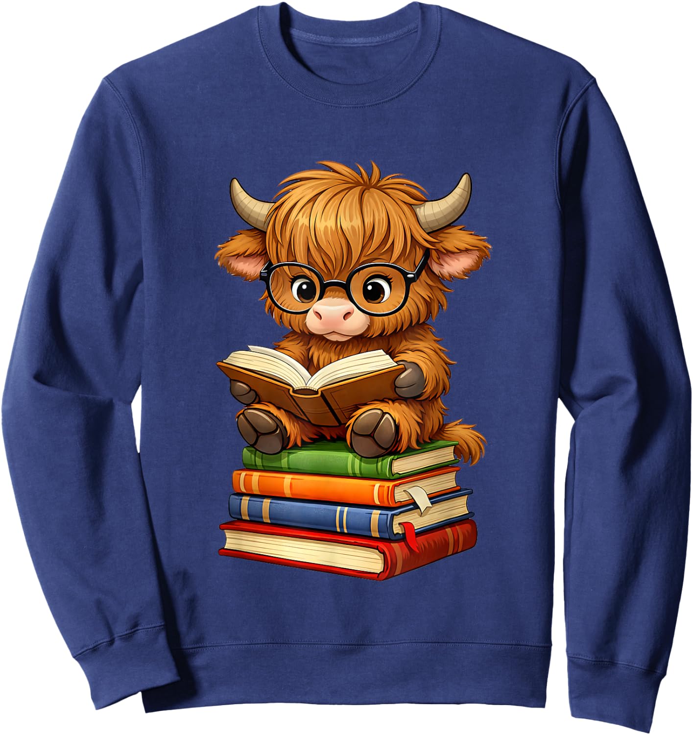 Cute Highland Cow with Glasses Reading Books Sweatshirt - Sweatshirt | Navy