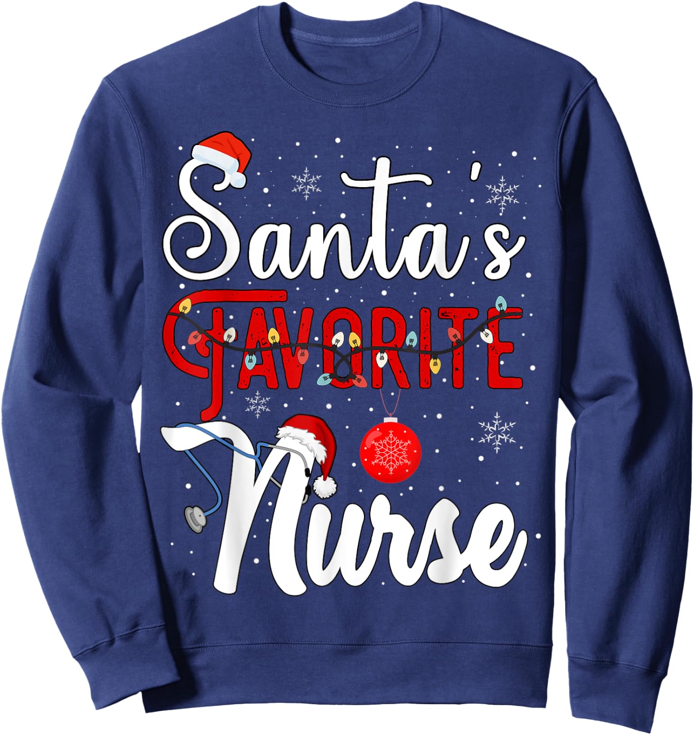 Santa's Favorite Nurse Christmas Pajama Lights Nursing Xmas Sweatshirt - Sweatshirt | Navy