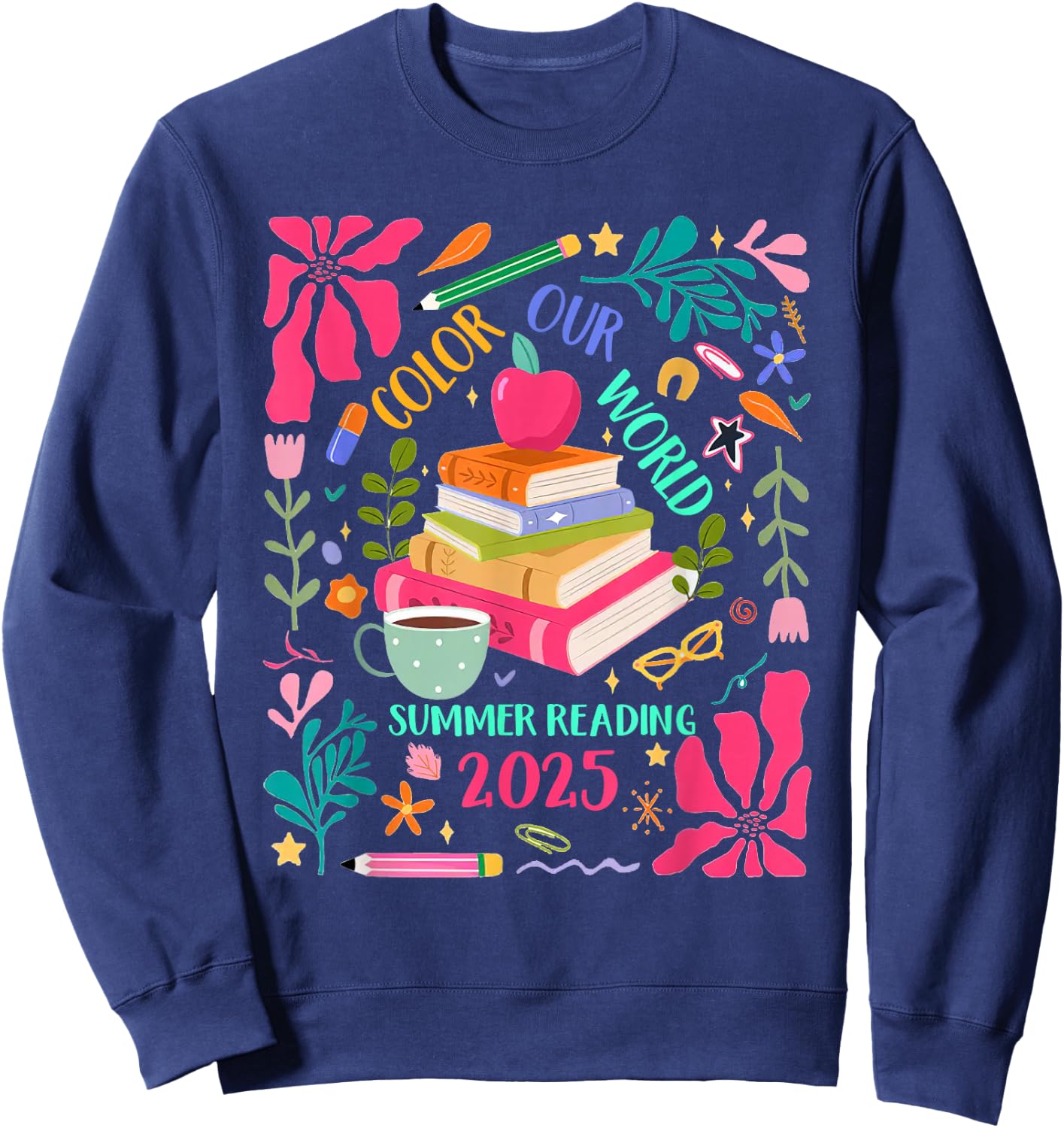 Color Our World Summer Reading 2025 Boho Wildflower Book Sweatshirt - Sweatshirt | Navy