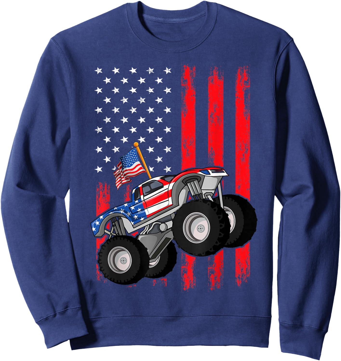 Kid Monster Truck Shirt, Toddler Boys American Flag July 4th Sweatshirt - Sweatshirt | Navy