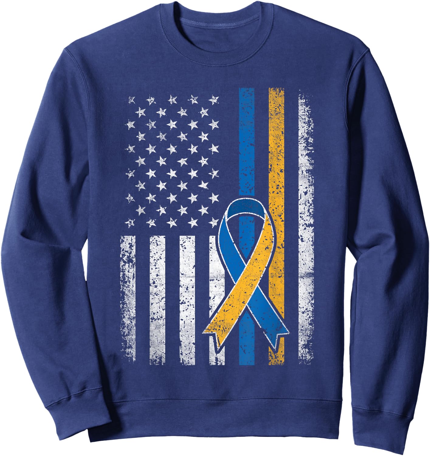 Down Syndrome Shirt USA Flag Retro Blue and Yellow Ribbon Sweatshirt - Sweatshirt | Navy