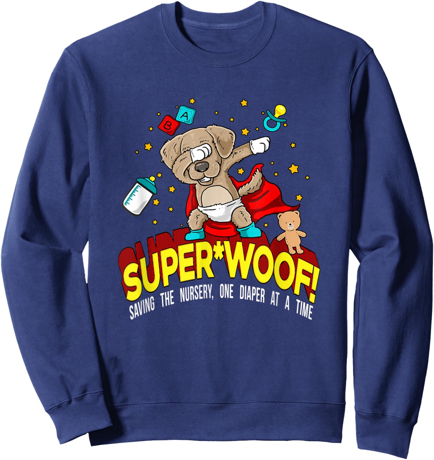 SUPER WOOF Diaper Pup Superhero Parody Sweatshirt - Sweatshirt | Navy