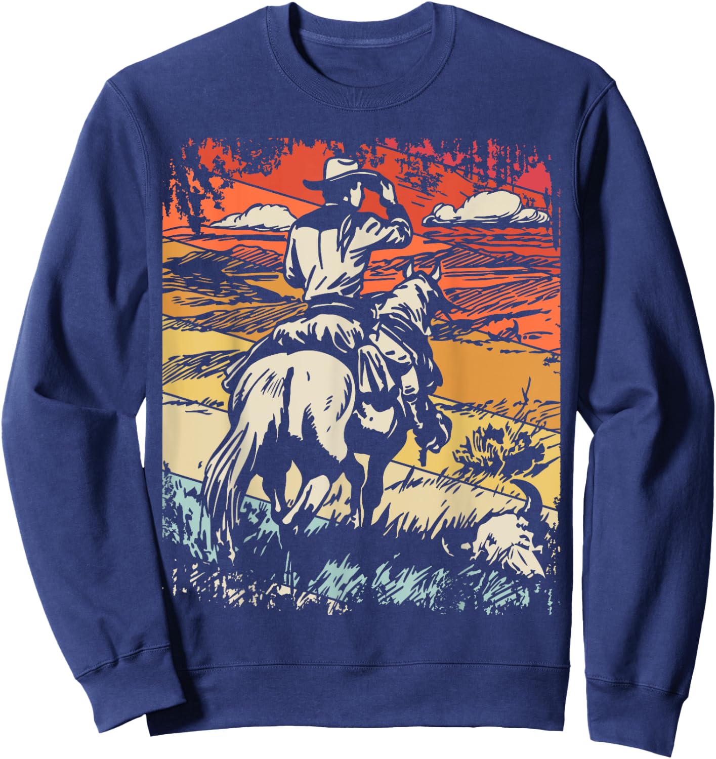 Vintage Cowboy By SamBro Retro -Adults Kids Western Black Small Short Sleeve Sweatshirt - Sweatshirt | Navy