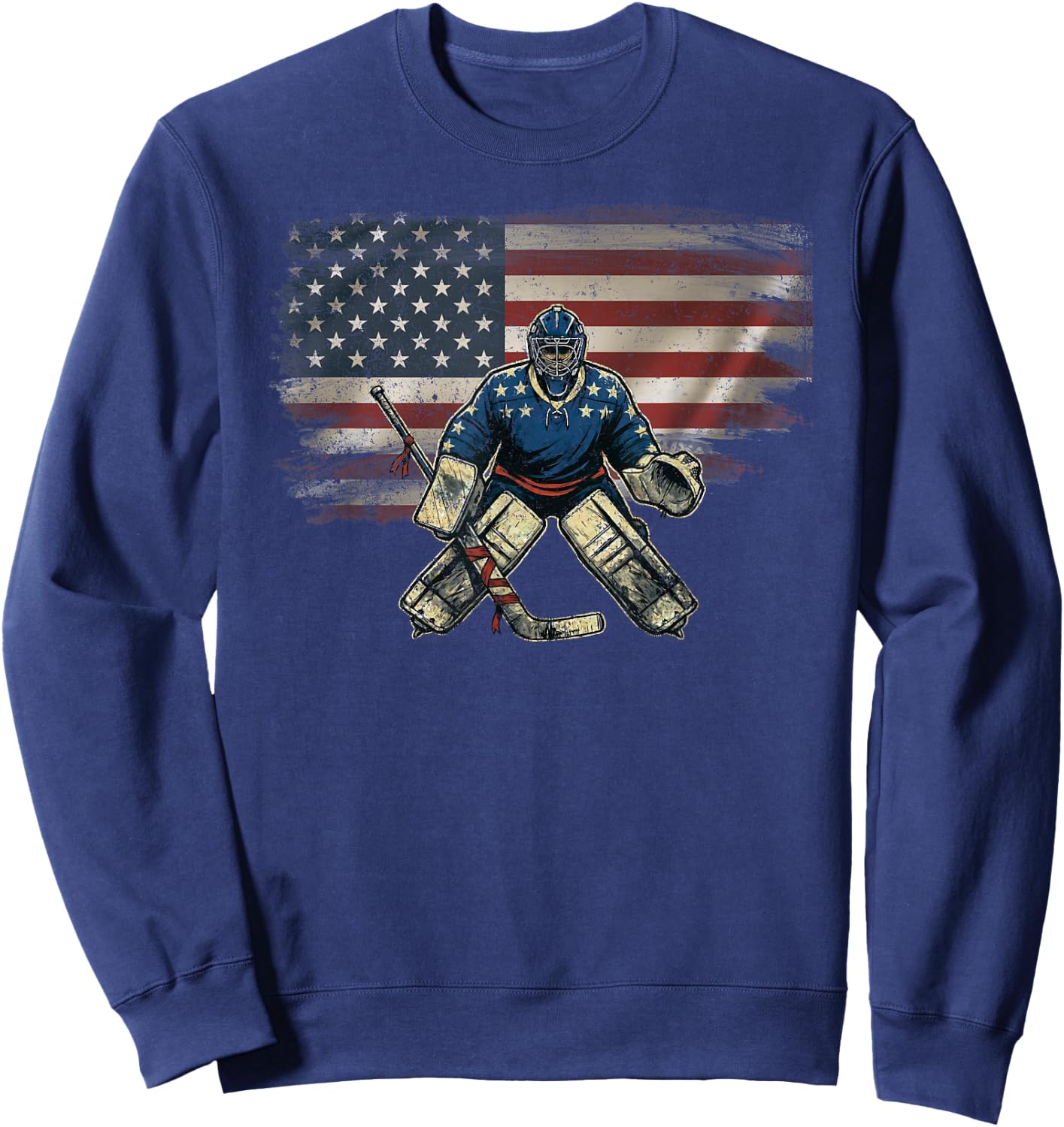 Vintage USA Flag Hockey Lover Ice Hockey Goalie Sweatshirt - Sweatshirt | Navy