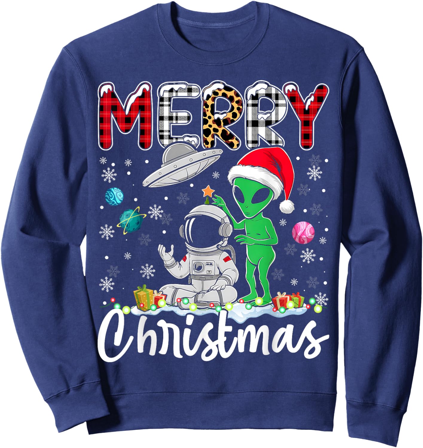 Alien Santa Astronaut UFO Christmas Snowflakes Xmas Sweatshirt - Sweatshirt | Navy