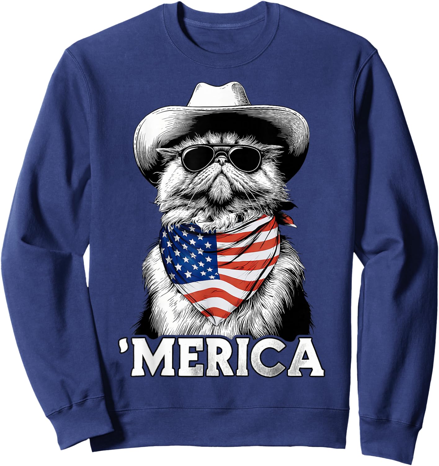 Persian Cat American Flag Bandana Cowboy Hat Sunglasses Sweatshirt - Sweatshirt | Navy