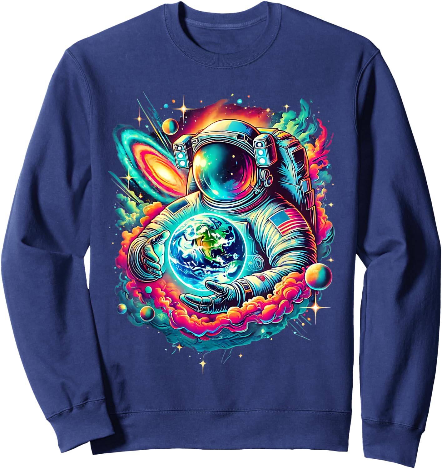 Cosmic Astronaut Holding Earth Space Exploration Art Science Sweatshirt - Sweatshirt | Navy
