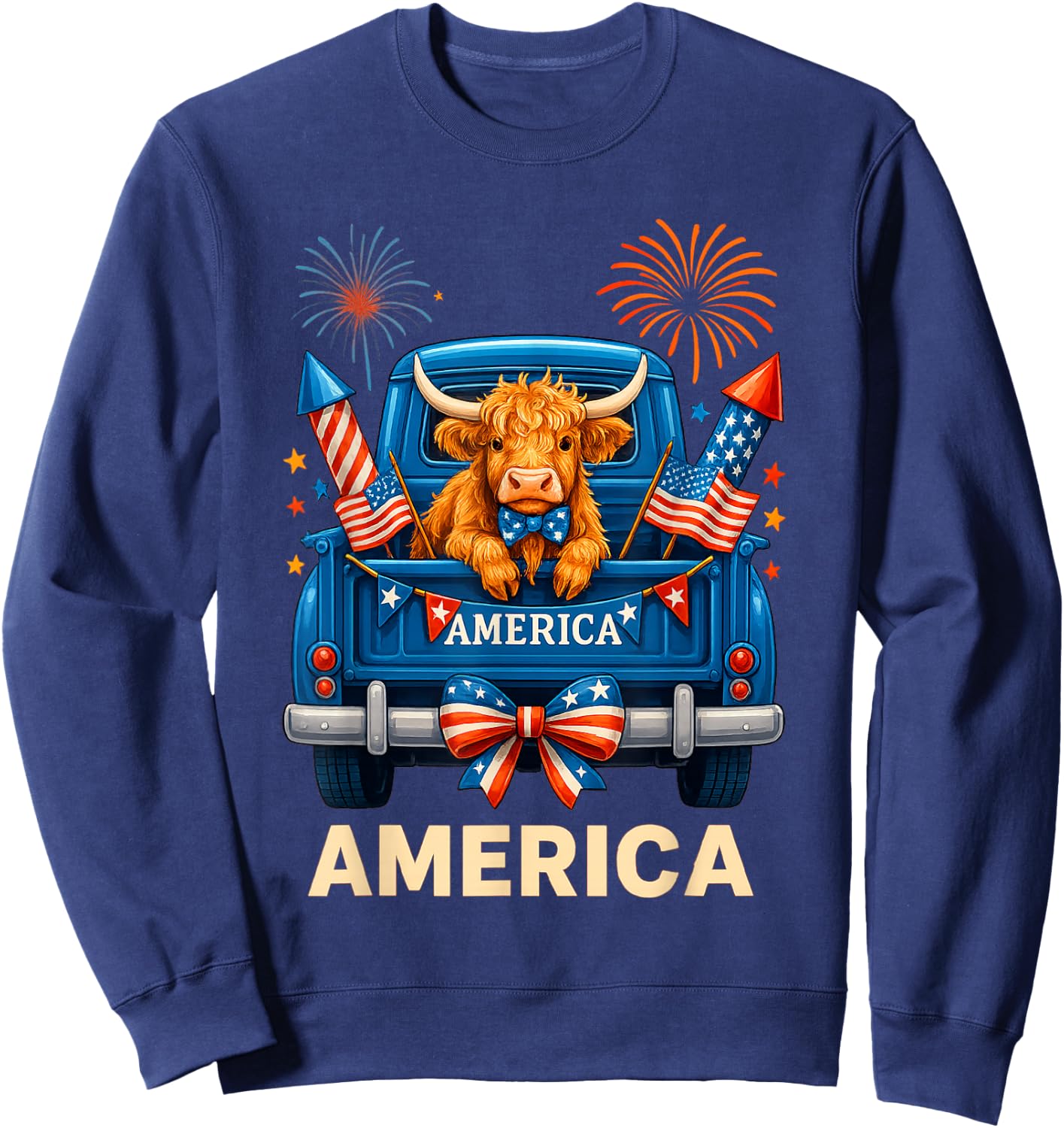 Patriotic Truck Highland Cow Cute 4th of July American Flag Sweatshirt - Sweatshirt | Navy