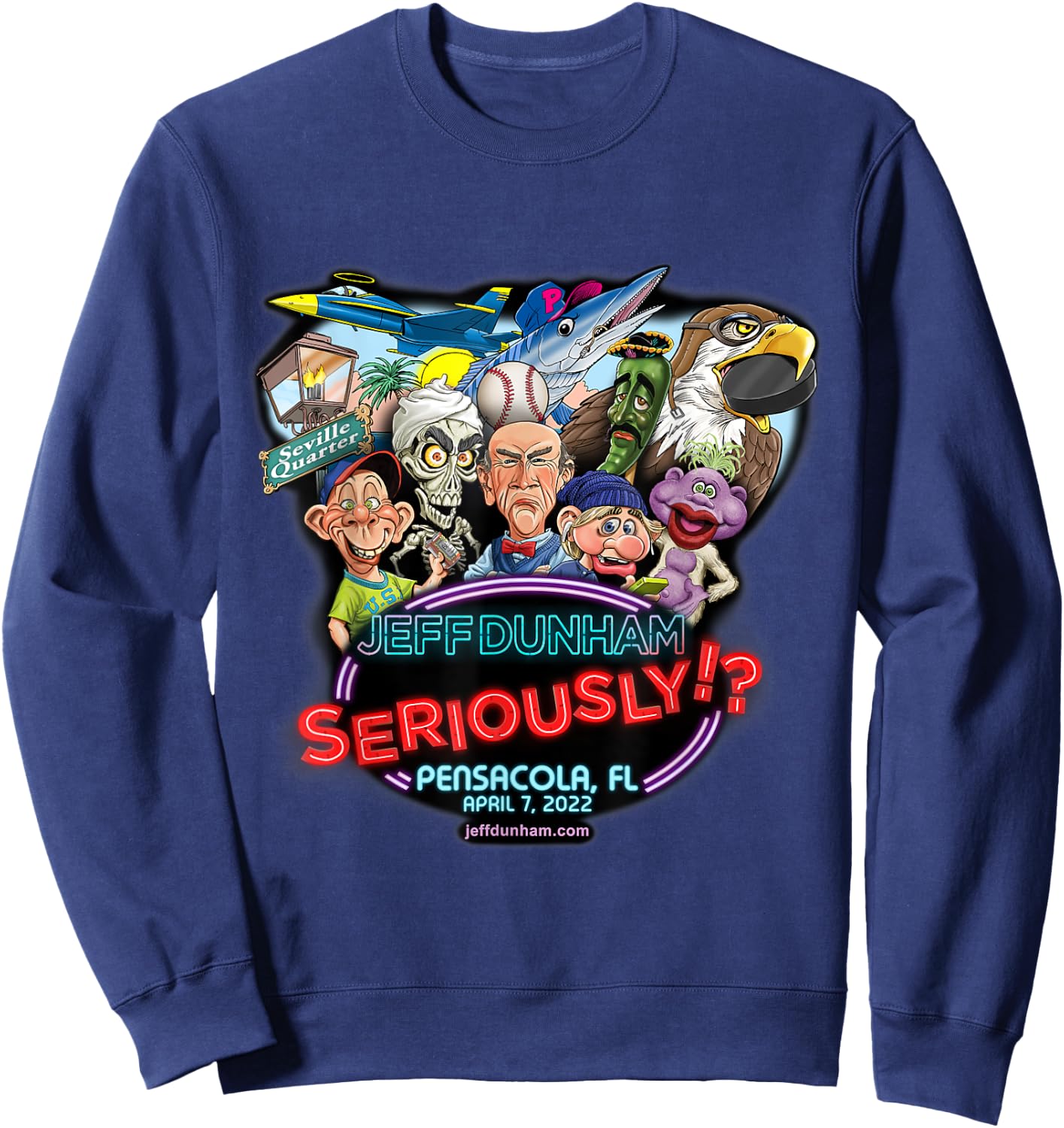 Jeff Dunham -Adults Black Cotton , Small, Short Sleeve, Classic Fit, Pensacola, FL (2022) Sweatshirt - Sweatshirt | Navy