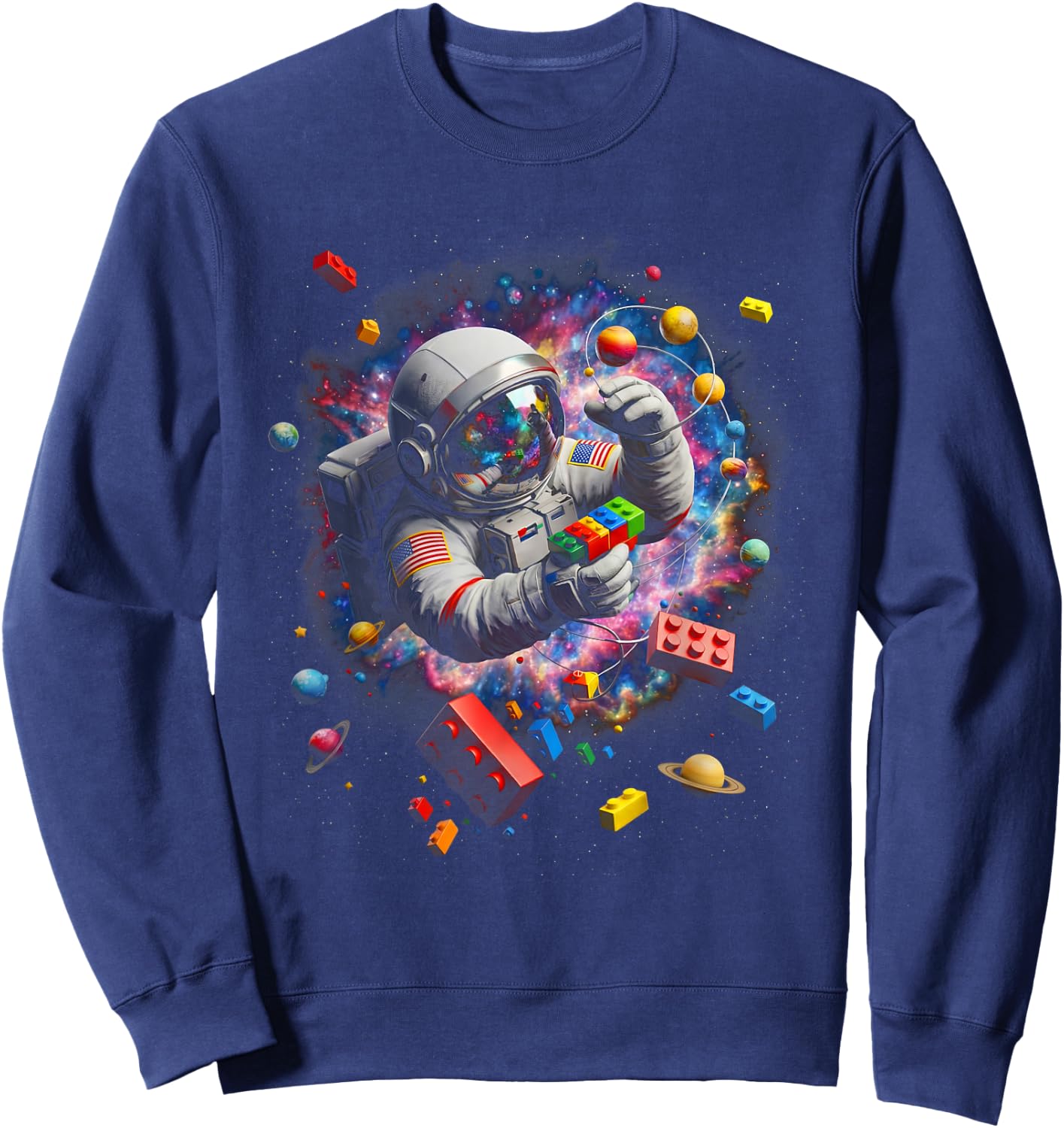 Space Astronaut Colorful Block Building Brick Builder Boys Sweatshirt - Sweatshirt | Navy