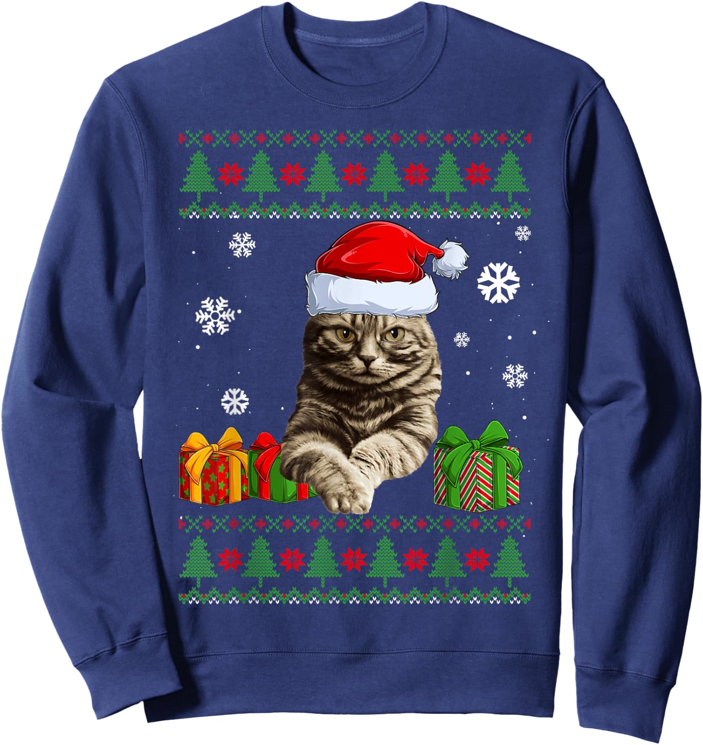 Funny Cat lovers Cute Cat Santa Hat Ugly Christmas Sweater Women Kids Sweatshirt - Sweatshirt | Navy