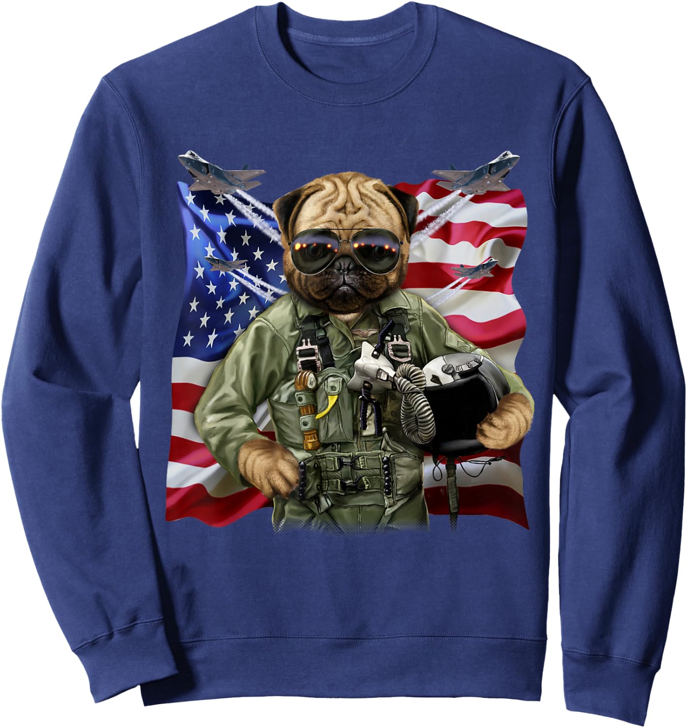 Pug Dog Fighter Jet Pilot with Flag of USA Sweatshirt - Sweatshirt | Navy