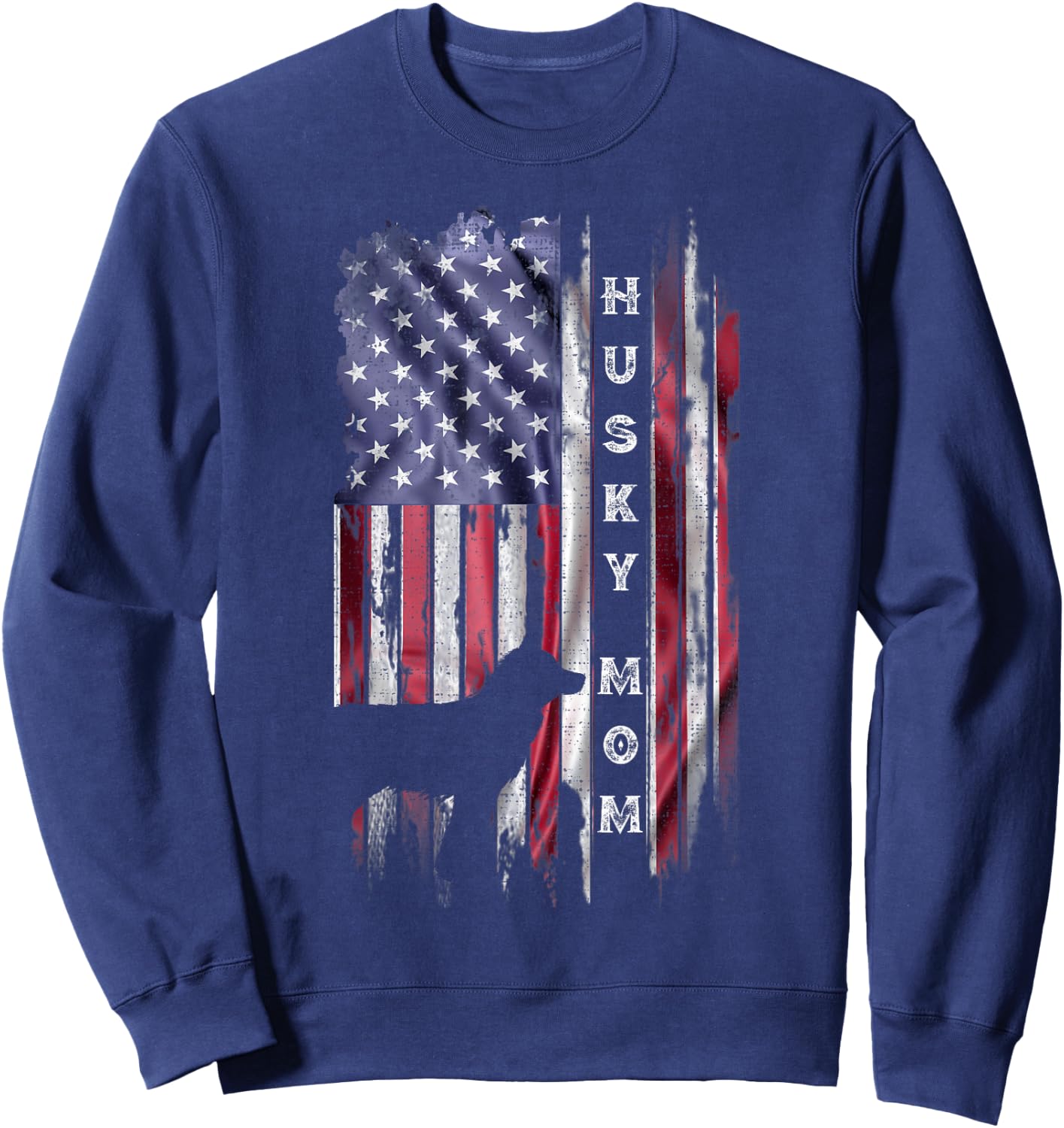 Vintage USA Flag Proud Siberian Husky Dog Mom Silhouette Women Kids Men Sweatshirt - Sweatshirt | Navy