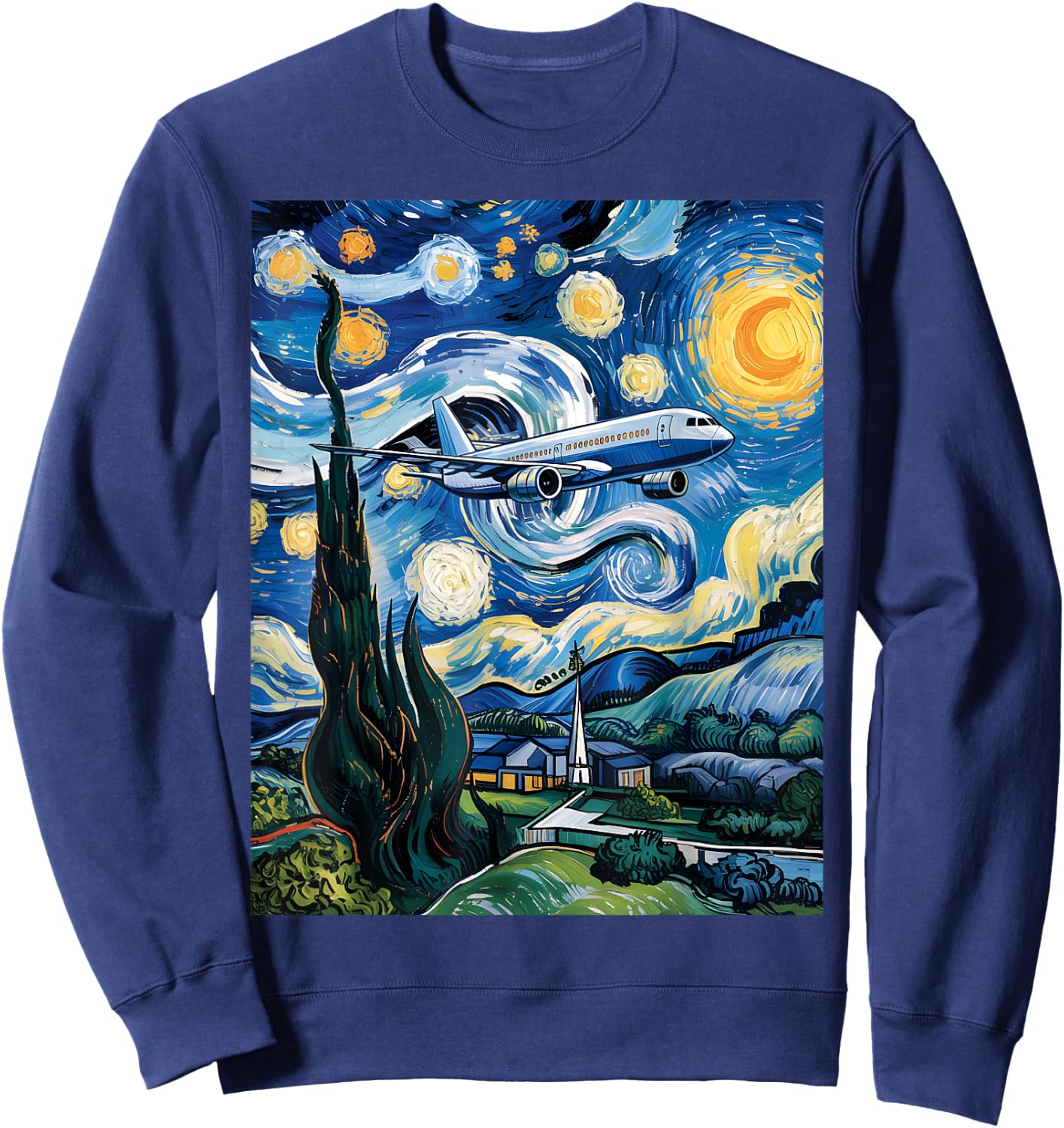Airplane Starry Night Van Gogh Graphic Aviation Plane Pilot Sweatshirt - Sweatshirt | Navy