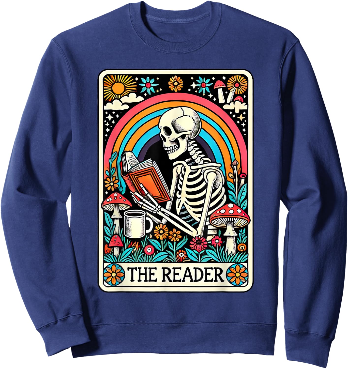 The Reader Tarot Card Skeleton Reading Book Bookworm Bookish Sweatshirt - Sweatshirt | Navy