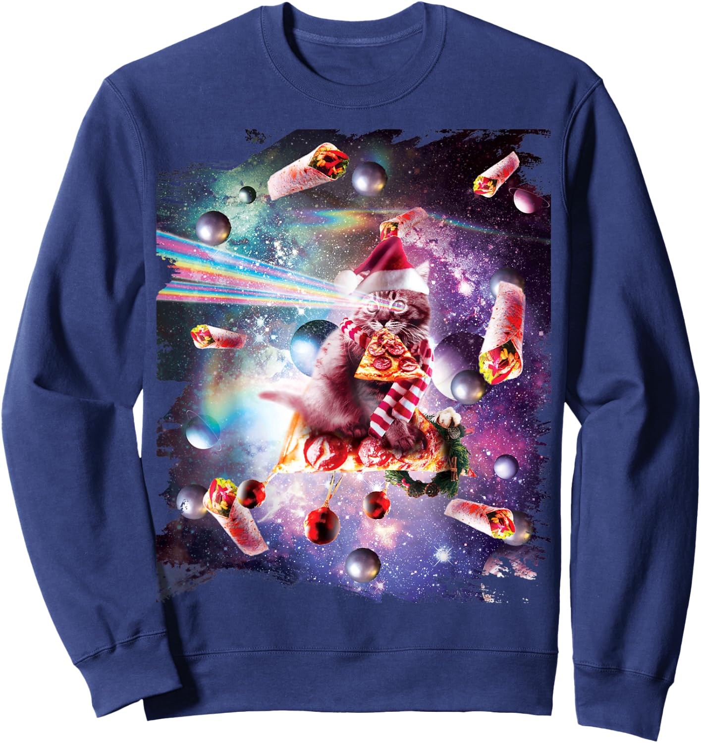 Christmas Space Cat Eating Pizza - Laser Eyes Xmas X-Mas Women Kids Sweatshirt - Sweatshirt | Navy