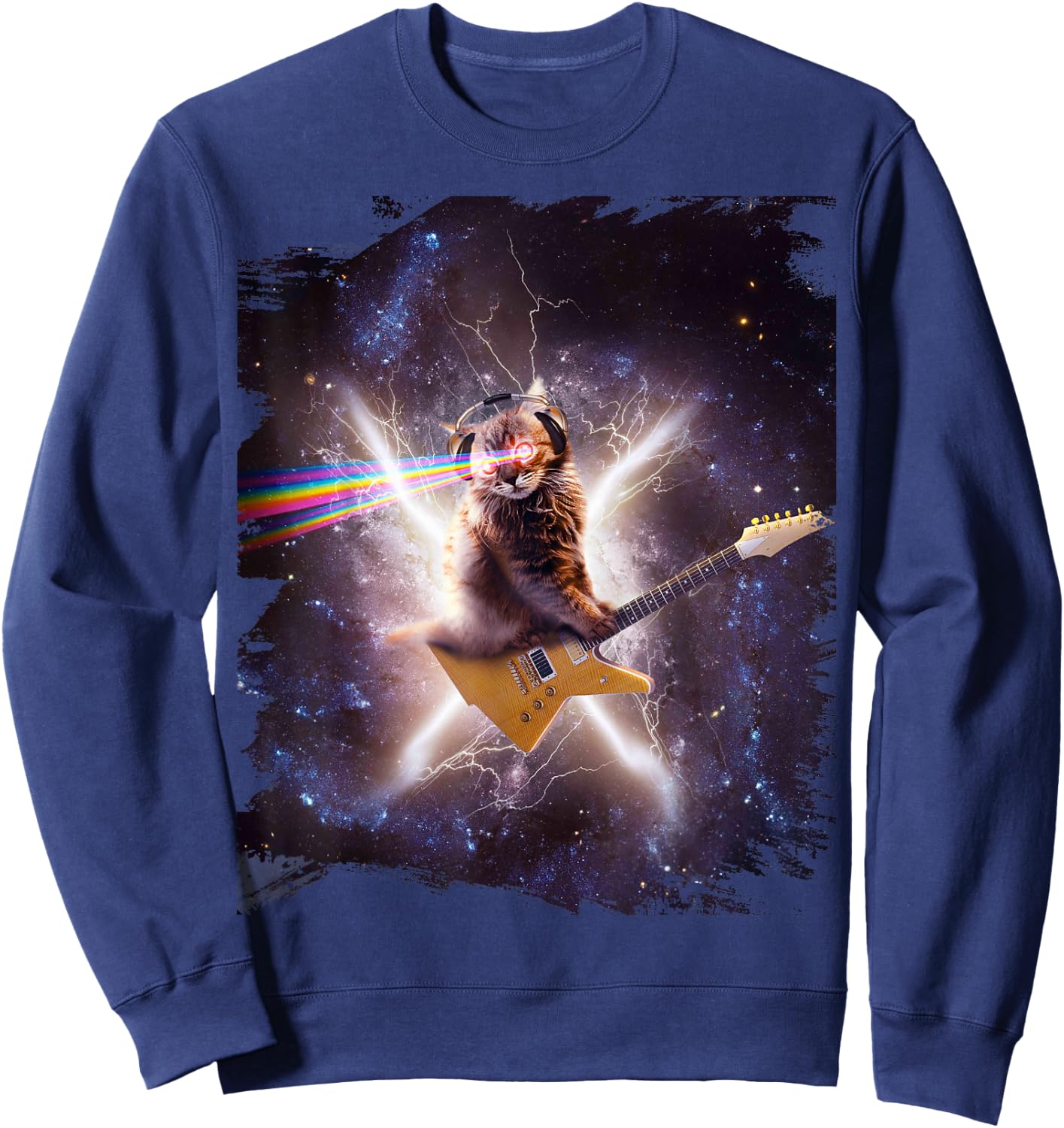 Laser Cat Riding Guitar In Outer Space Galaxy Lightning Sweatshirt - Sweatshirt | Navy