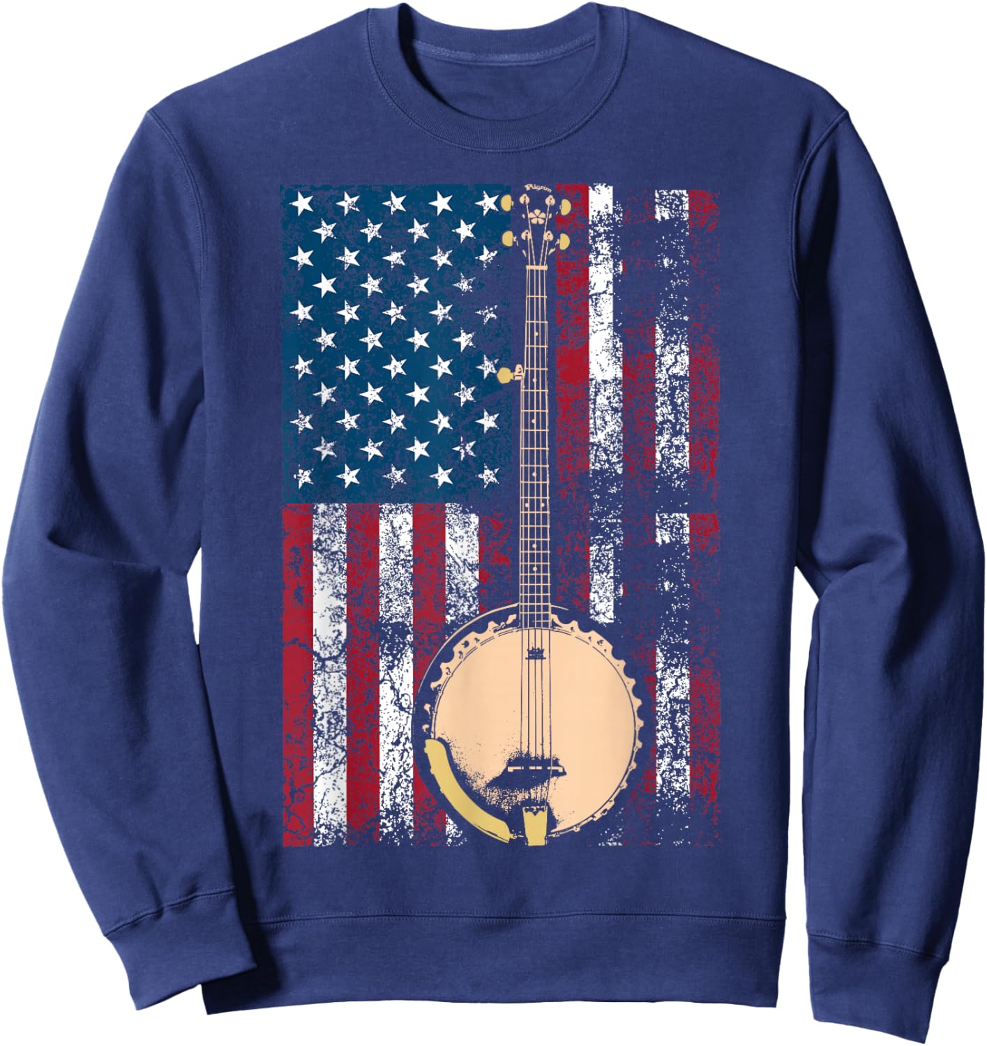 Cool USA Country Musical Instruments America Art Banjo In American Flag Bluegrass | Cute Fiddle Players Gift Sweatshirt - Sweatshirt | Navy