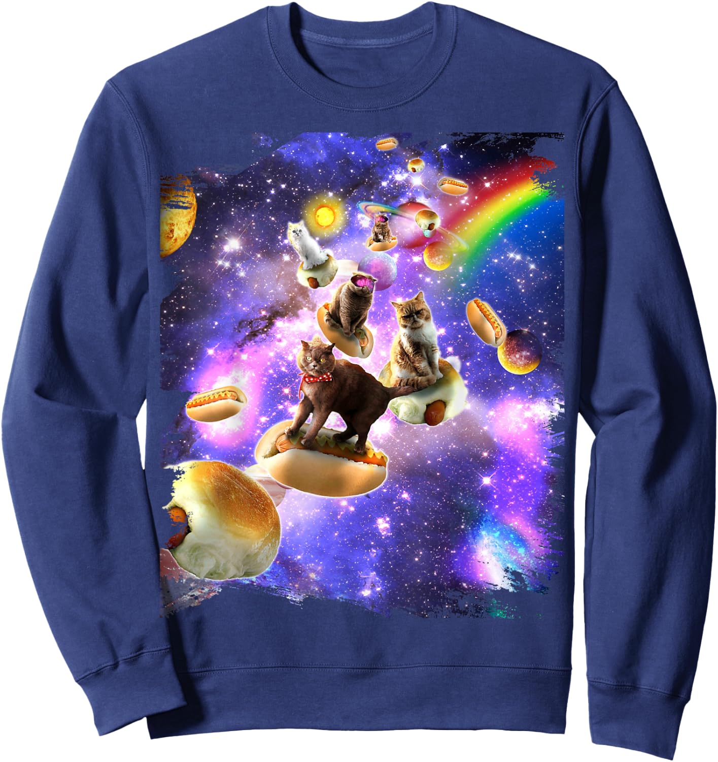 Space Cats Riding Hot Dogs Cat In Rainbow Galaxy Sweatshirt - Sweatshirt | Navy