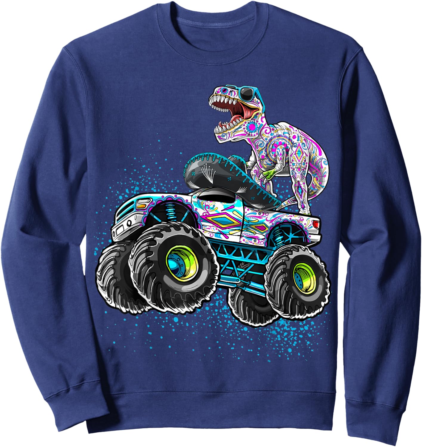Day of the Dead Monster Truck Dinosaur Sugar Skull Boys Sweatshirt - Sweatshirt | Navy