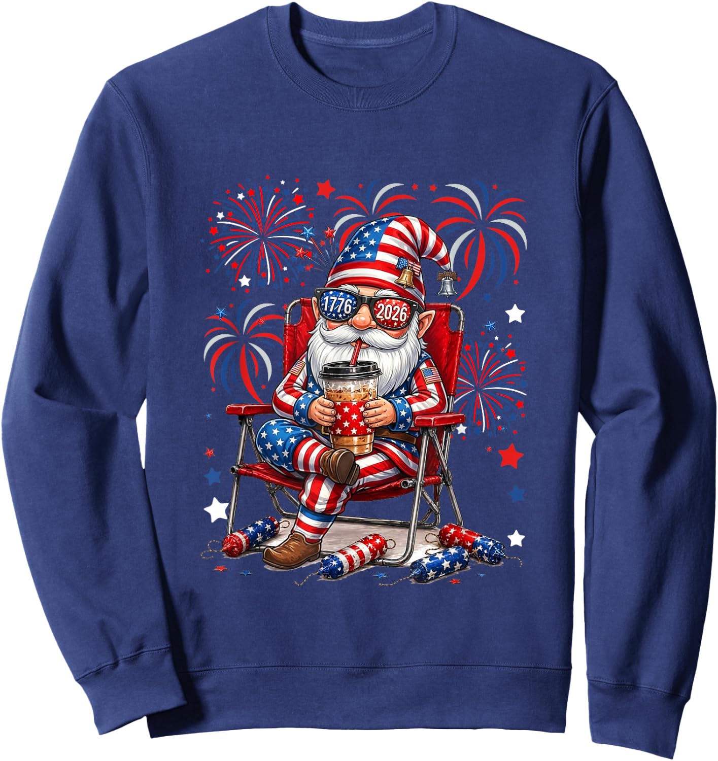 Gnome Sunglasses US Flag Drinking Coffee 4th July Patriotic Sweatshirt - Sweatshirt | Navy