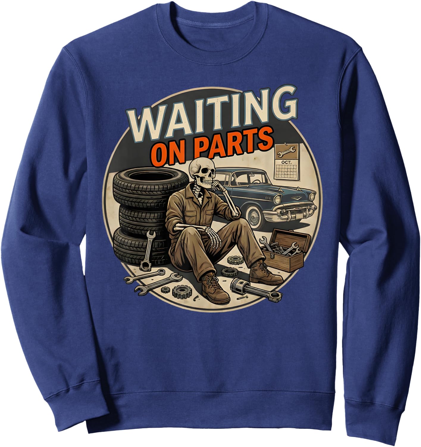 Waiting On Parts Funny Skeleton Auto Mechanic Technician Sweatshirt - Sweatshirt | Navy