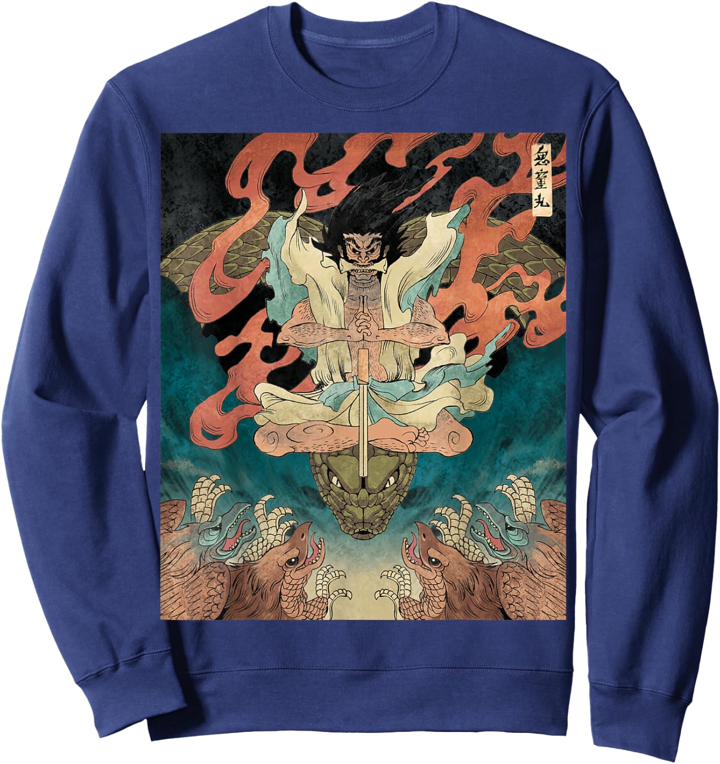 Japanese Vintage Artwork Tengu Gods Defeat Evil Snake Fan Sweatshirt - Sweatshirt | Navy