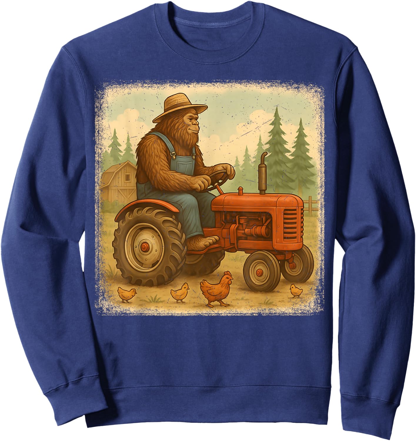 Bigfoot Driving Tractor Sasquatch Farmer Funny Farming Sweatshirt - Sweatshirt | Navy