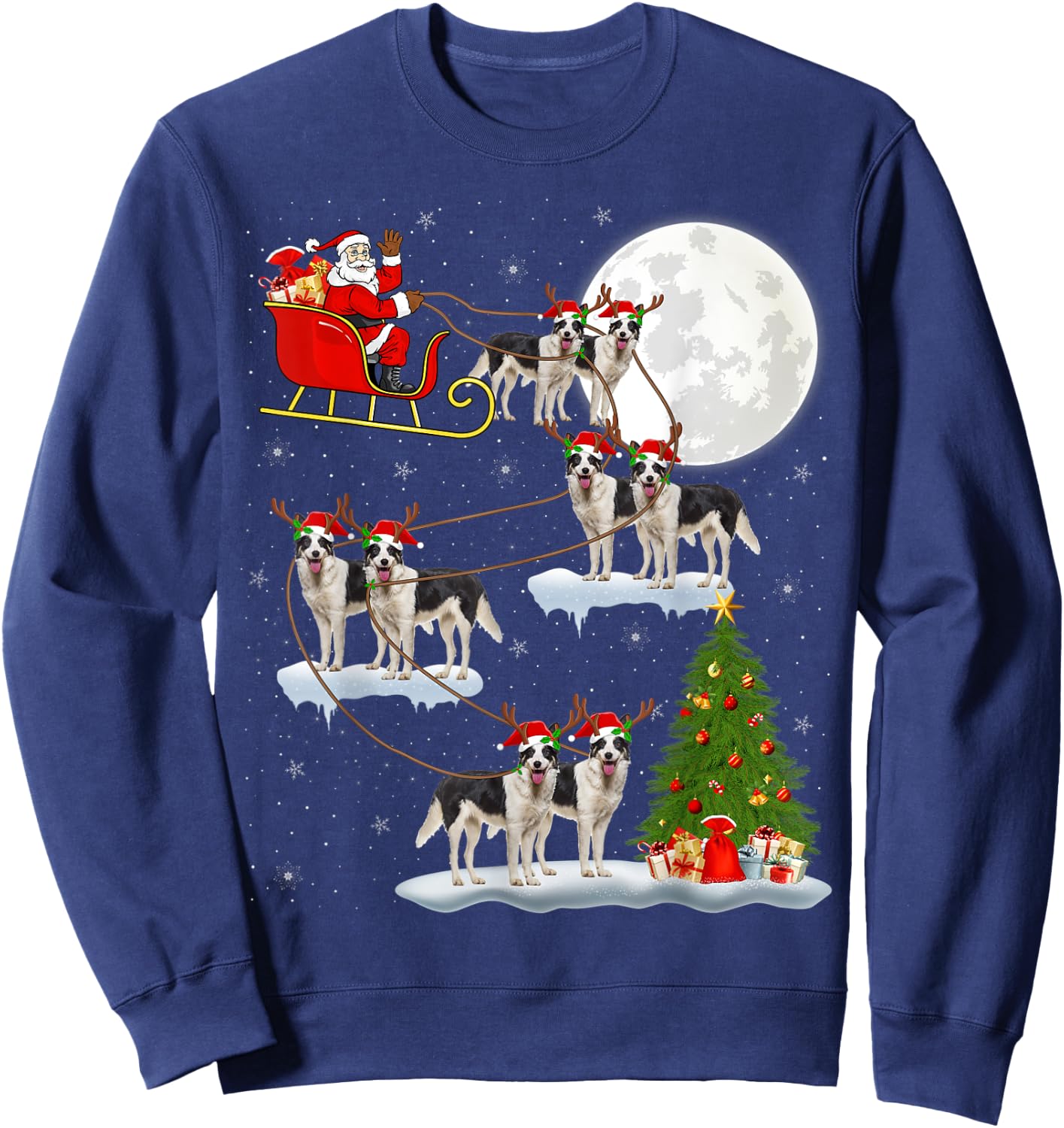 Xmas Lighting Tree Santa Riding Border Collie Christmas Sweatshirt - Sweatshirt | Navy