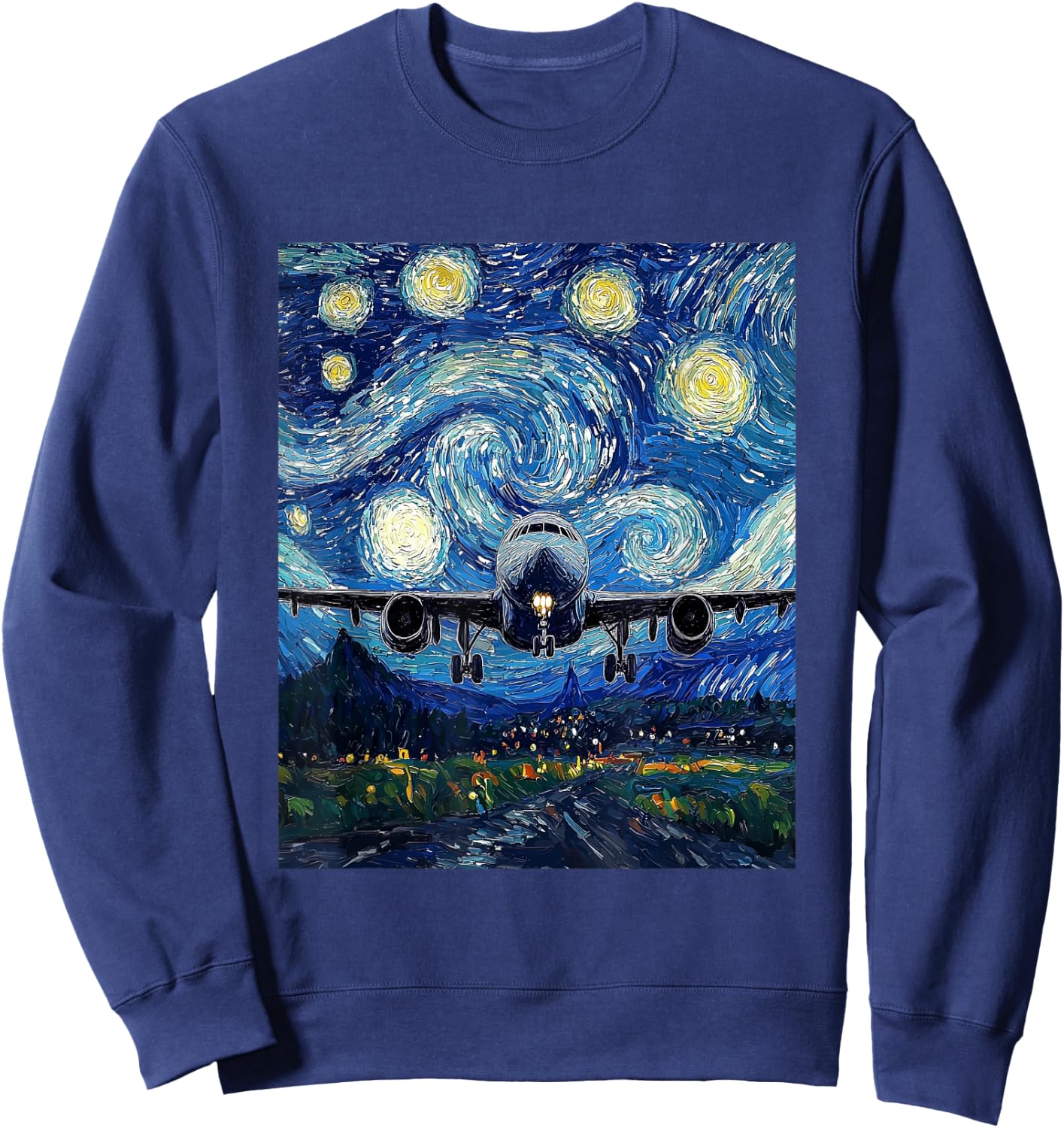 Airplane Flight Pilot Van Gogh Style Starry Night Graphic Sweatshirt - Sweatshirt | Navy