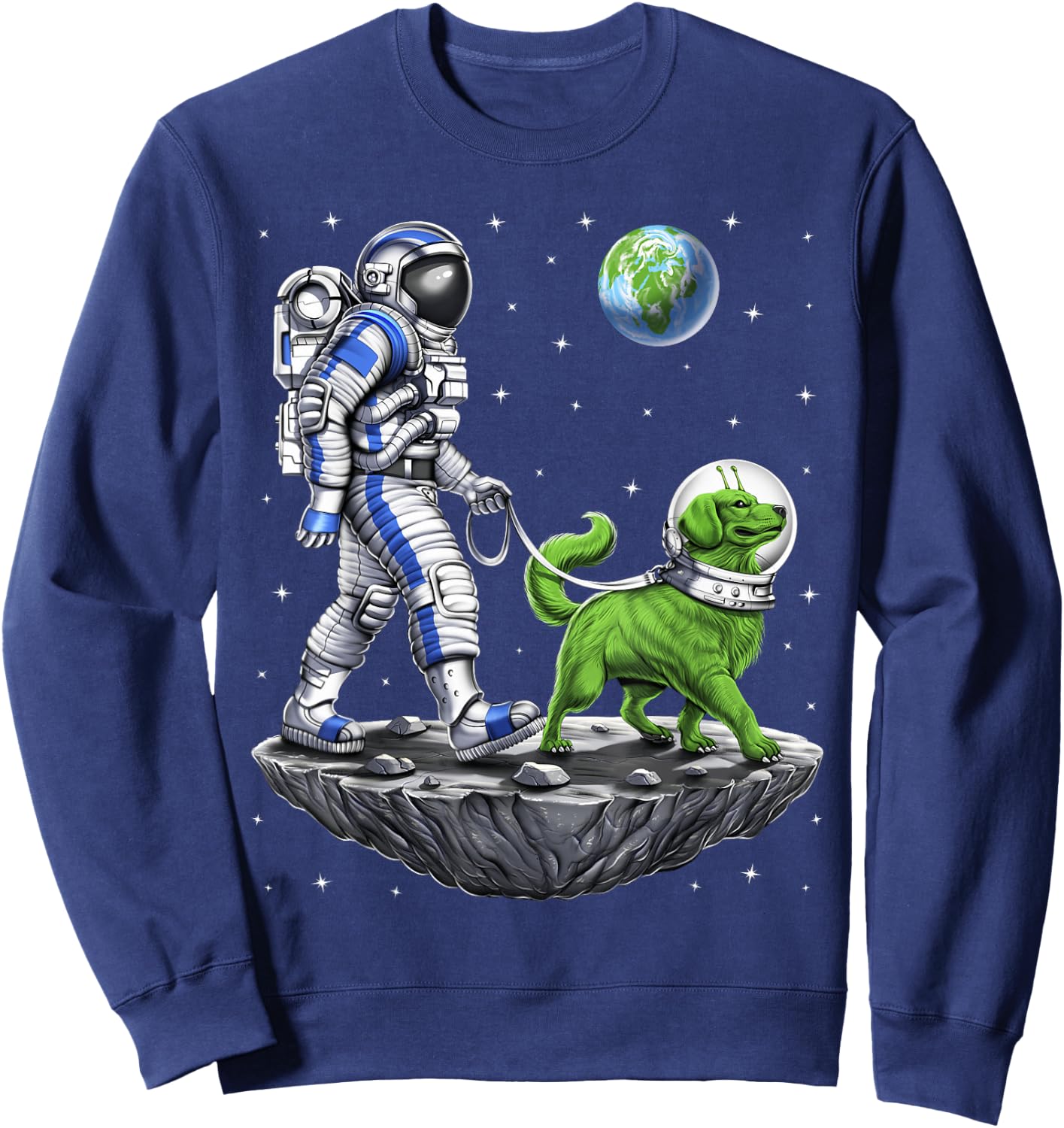 Space Astronaut Walking Alien Dog Planet Earth Sweatshirt - Sweatshirt | Navy