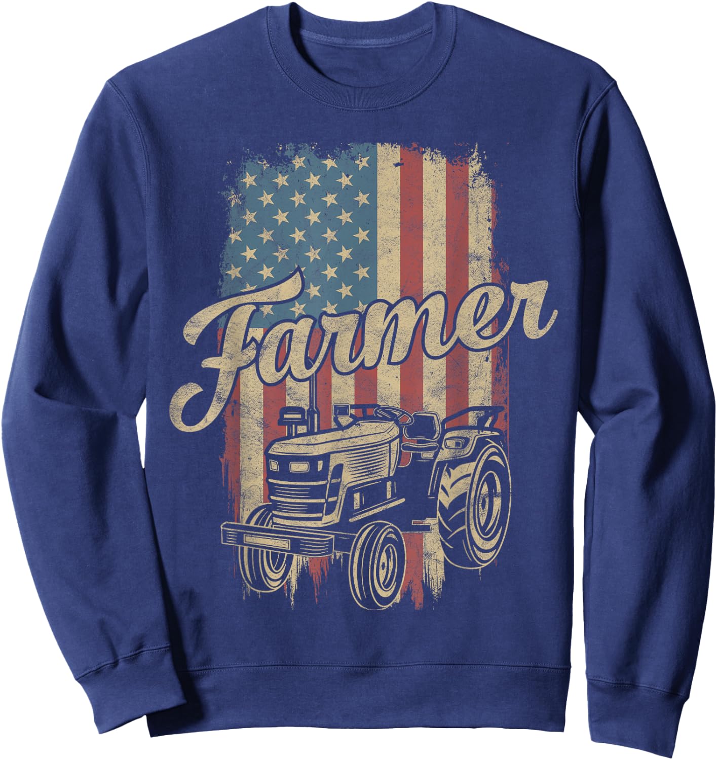 Farmer American Flag Retro Farming Tractor Usa Patrioticic Women Kids Men Sweatshirt - Sweatshirt | Navy