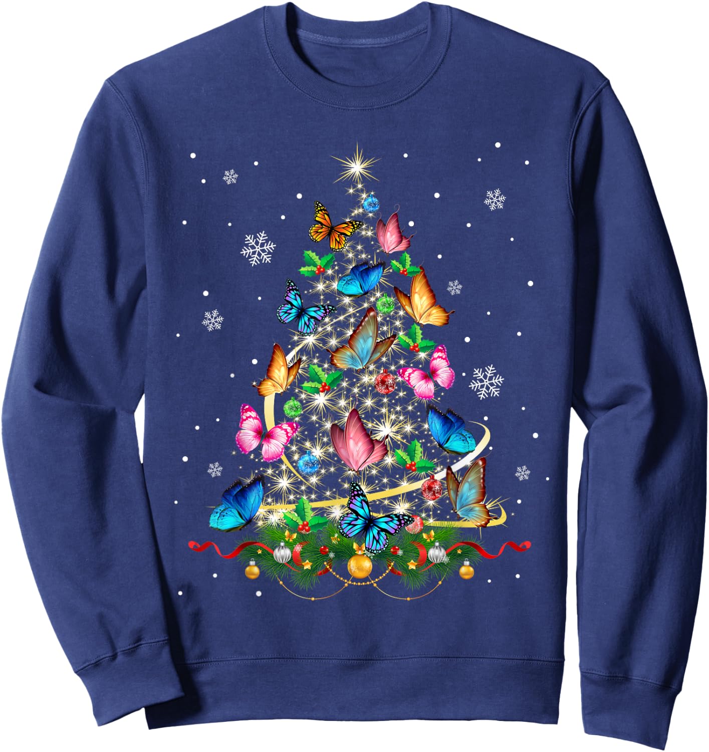 Butterfly Christmas Tree Lights Girl Xmas Pajama Butterfly Sweatshirt - Sweatshirt | Navy