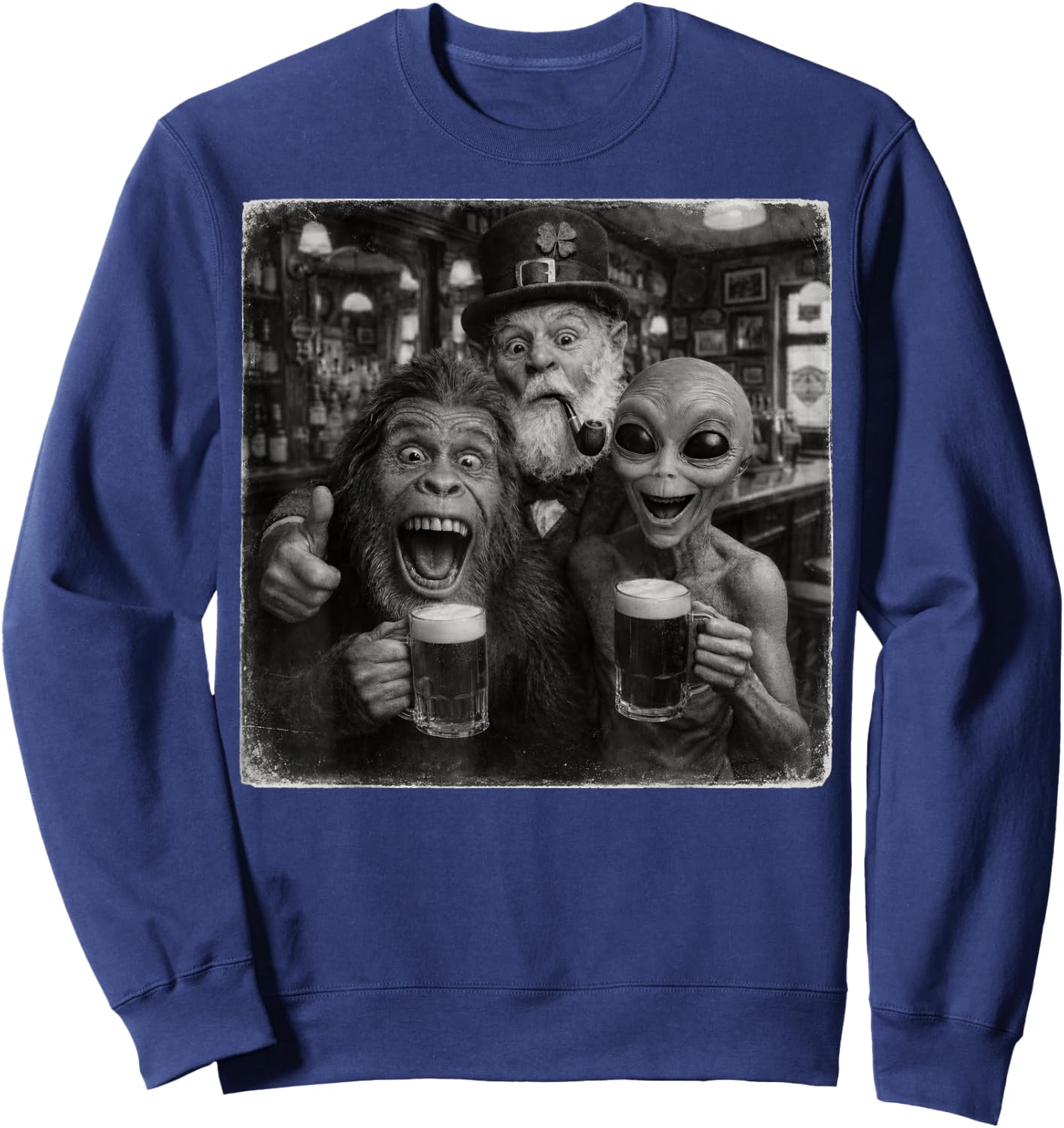 Alien Bigfoot Leprechaun Funny Selfie Squad Memes st Patrick Sweatshirt - Sweatshirt | Navy