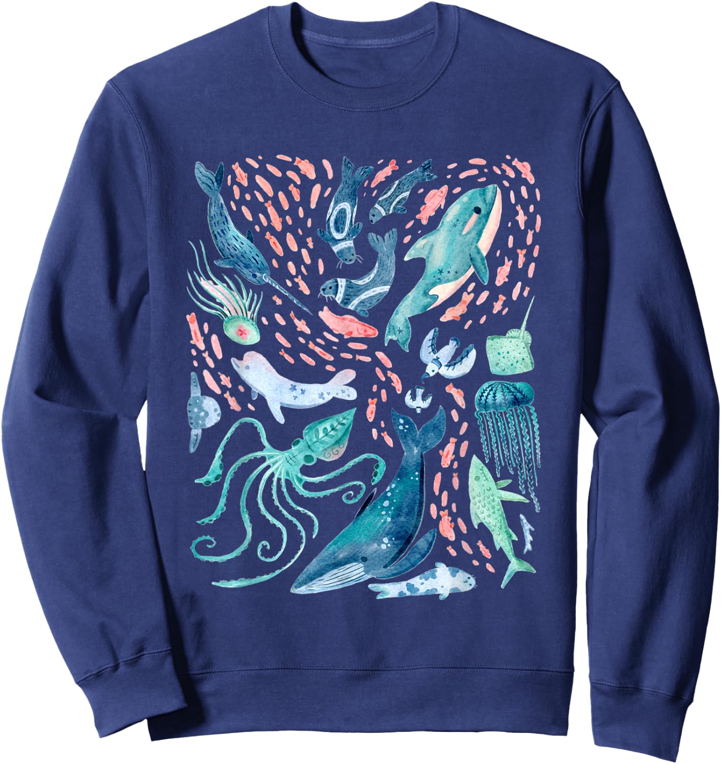 Watercolor Arctic Whales Fish Beluga Narwhal Squid Jellyfish Sweatshirt - Sweatshirt | Navy