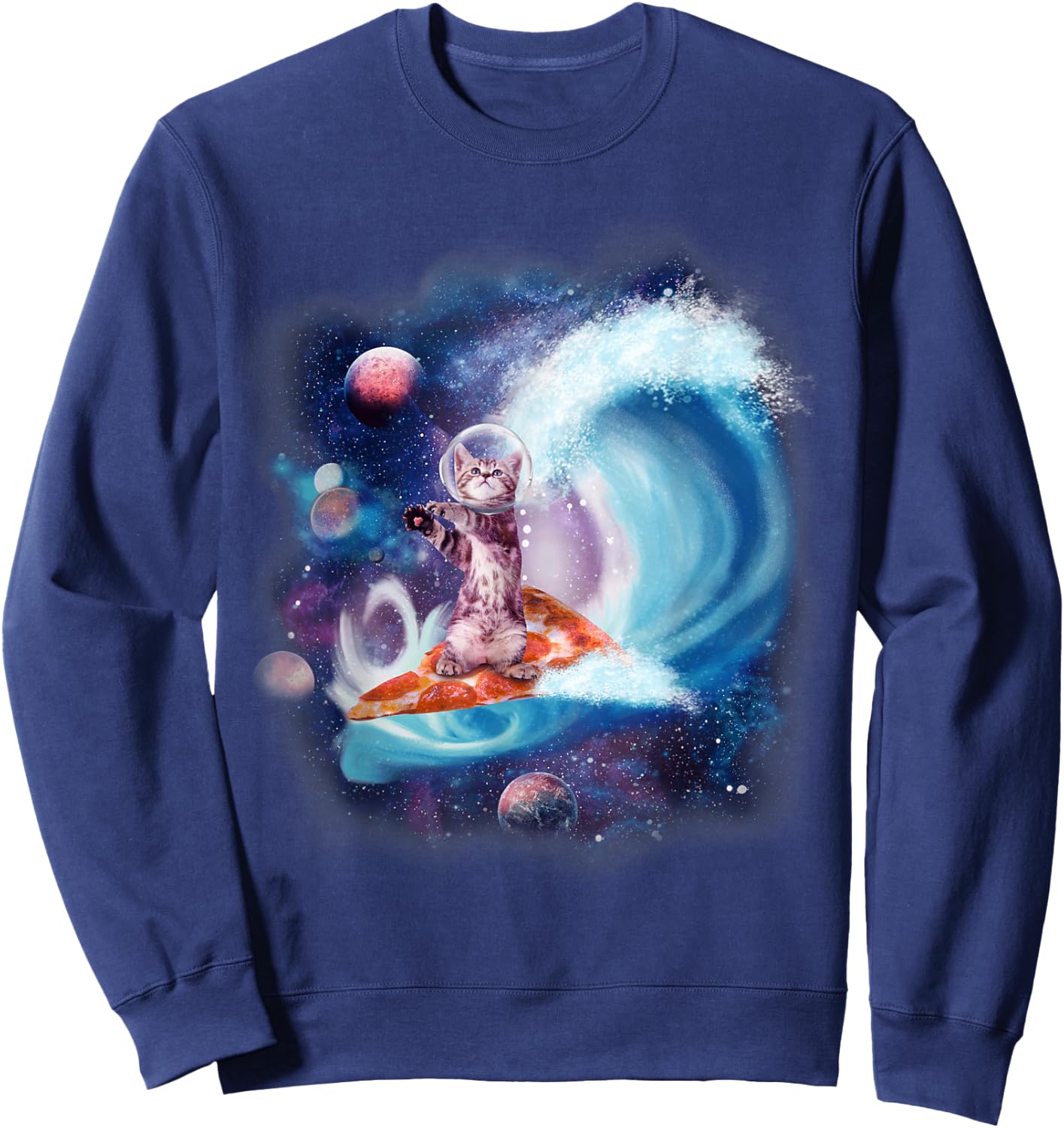 Cat Wearing Helmet Surfing On Pizza Surfboard Funny Men Women Kids Sweatshirt - Sweatshirt | Navy