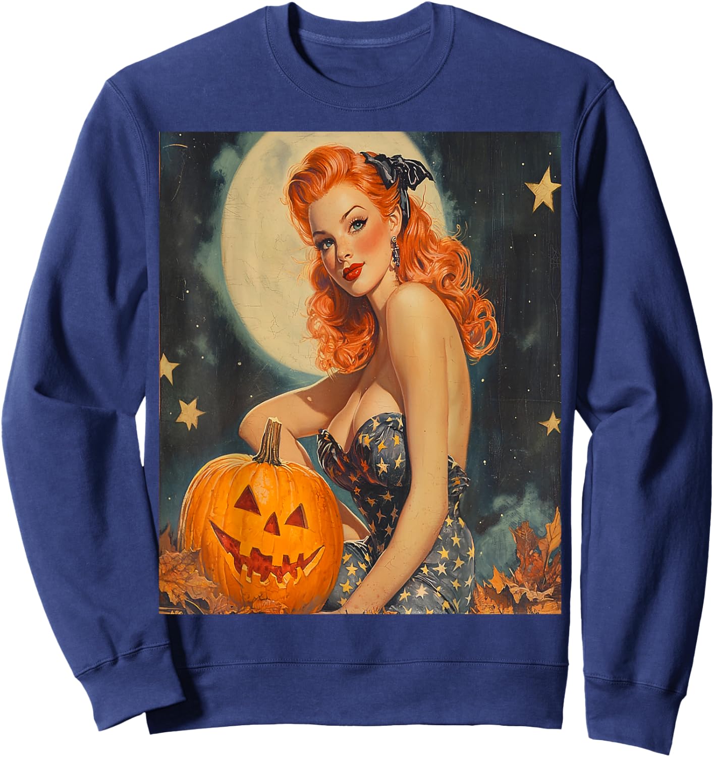 Retro Vintage Pumpkin Halloween Pinup Girl Model Posing Art Sweatshirt - Sweatshirt | Navy