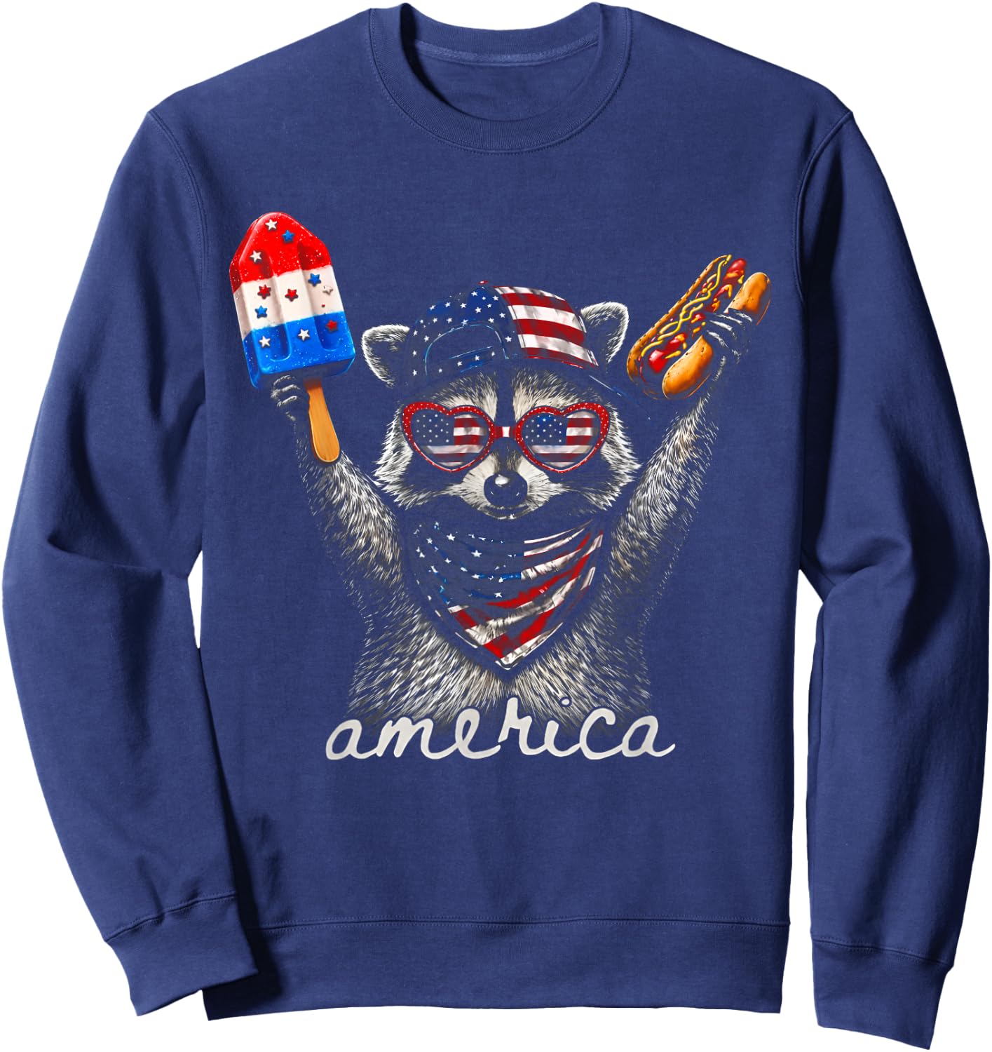 America Raccoon Ice Cream & Hot Dog 1776-2026 4th of July Sweatshirt - Sweatshirt | Navy