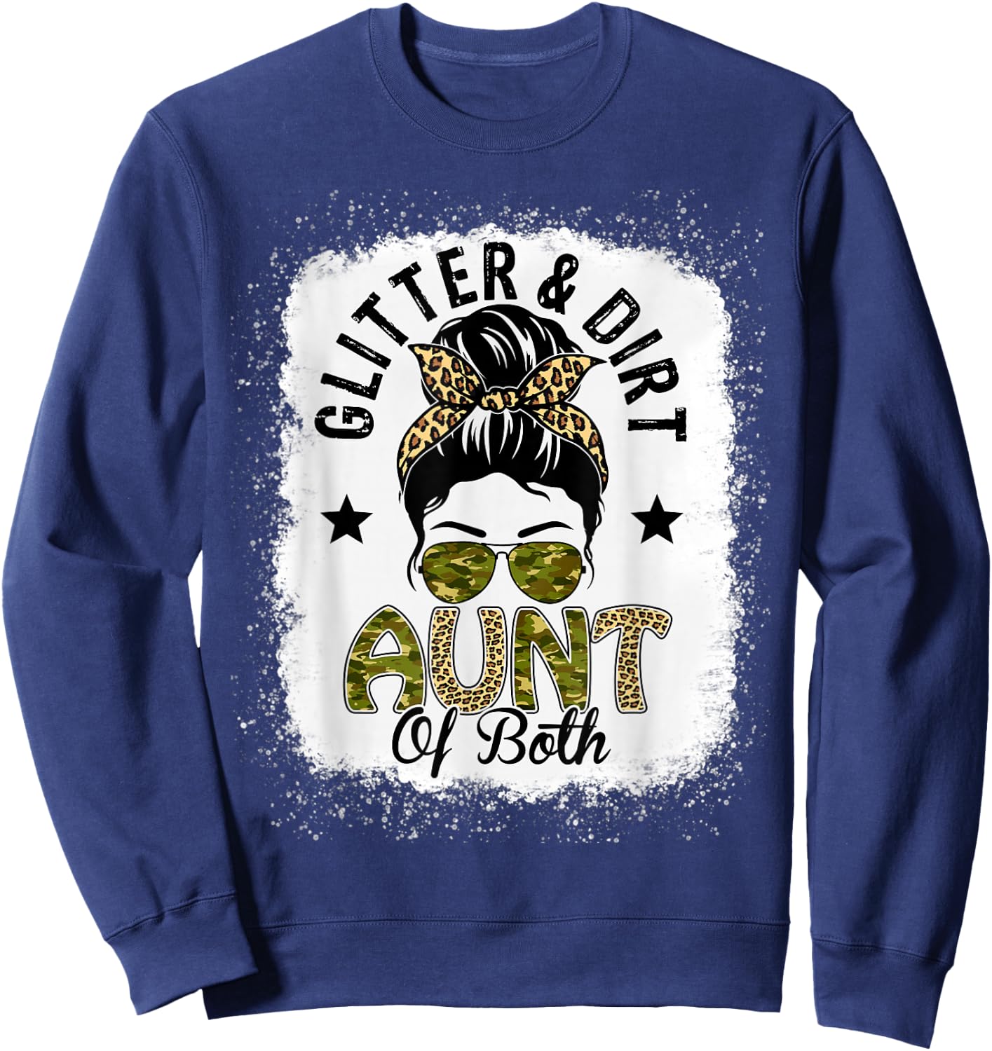 Aunt Of Both Messy Bun Leopard Camo Bleached Mother's Day Sweatshirt - Sweatshirt | Navy