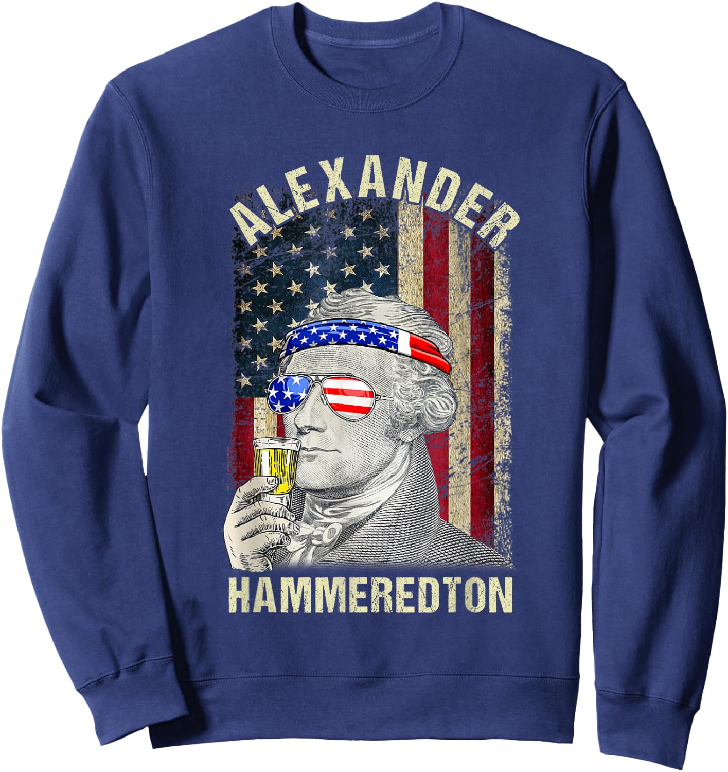 Vintage Alexander Hammeredton Hamiliton USA Flag 4th Of July Men Sweatshirt - Sweatshirt | Navy