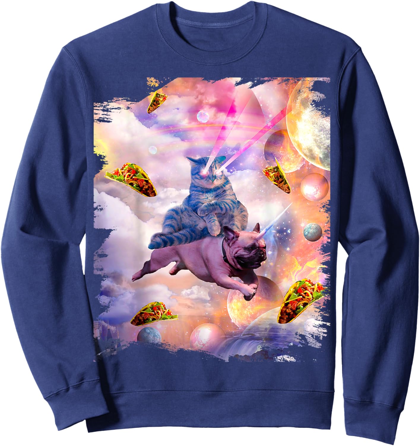 Cosmic Laser Cat Riding Unicorn Pug Sweatshirt - Sweatshirt | Navy