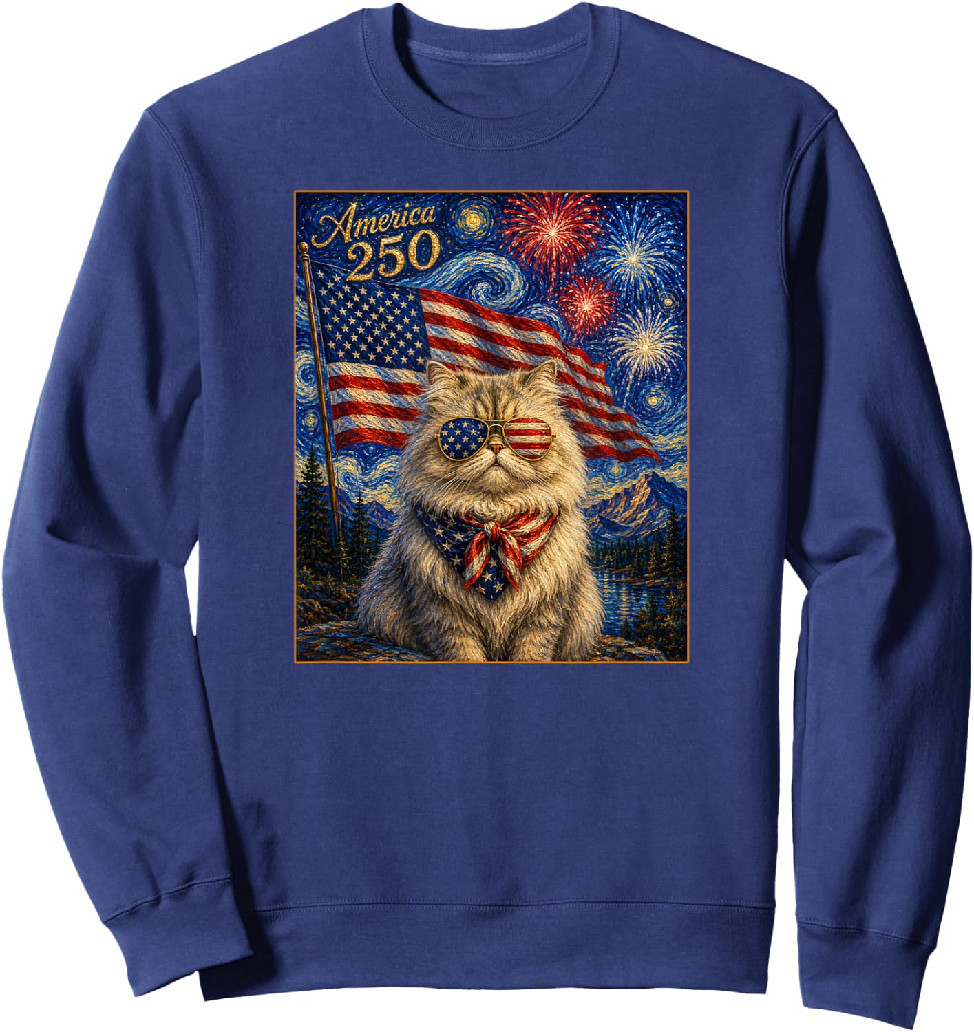 Persian Cat Art America 250 Anniversay 4th of July USA Flag Sweatshirt - Sweatshirt | Navy