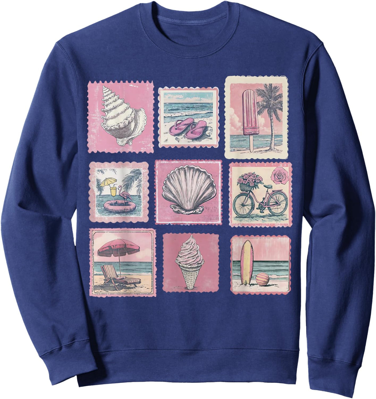 Vintage Pink Coastal Beach Summer Vacation Stamps Sea Lovers Sweatshirt - Sweatshirt | Navy