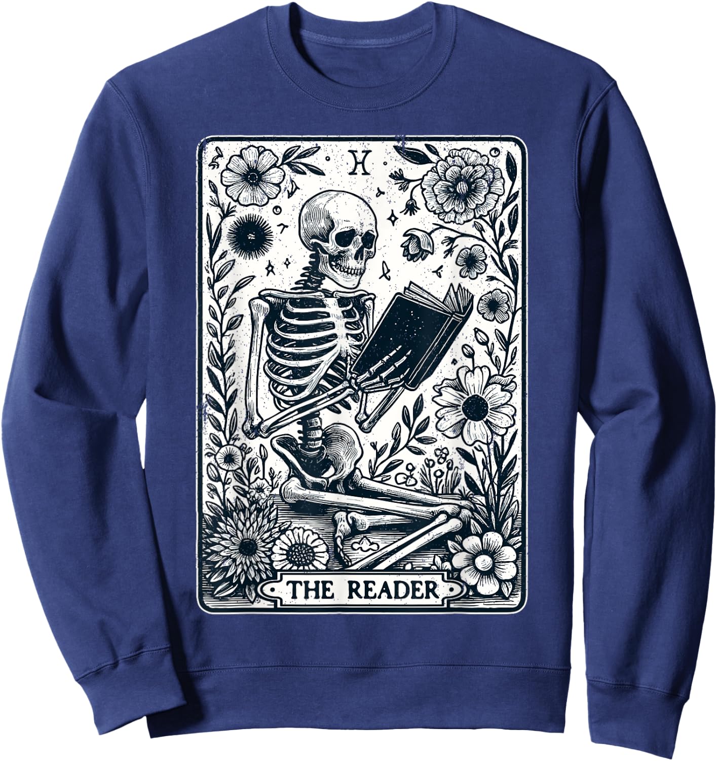 The Reader Tarot Card Funny Book Lover Skeleton Reading Book Sweatshirt - Sweatshirt | Navy
