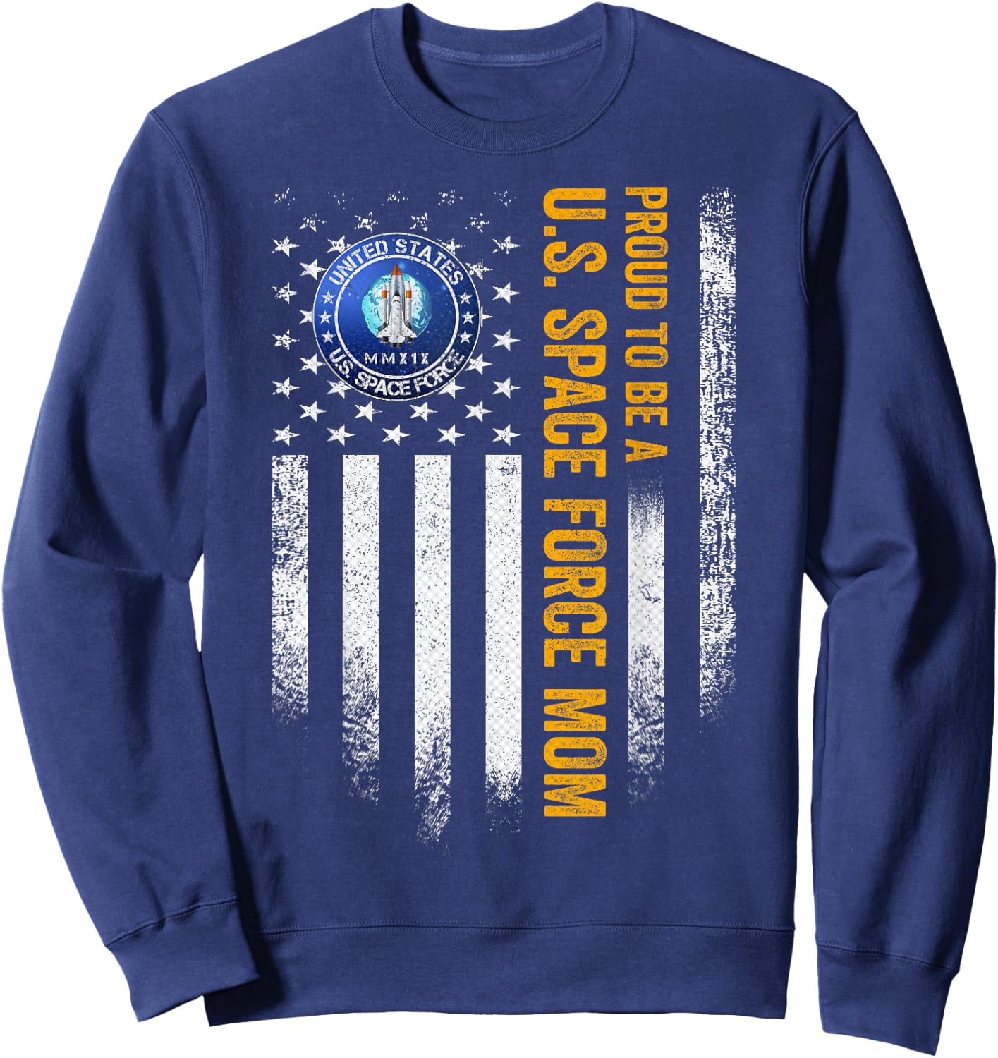 Vintage USA American Flag Proud to Be A US Space Force Mom Sweatshirt - Sweatshirt | Navy